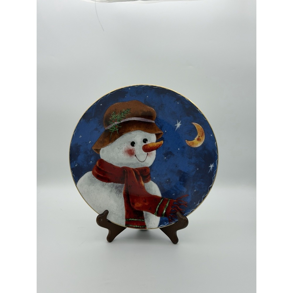 Vintage Elaine Thompson Ceramic Snowman Plate Signed 1997 Frosty Snowman Moon